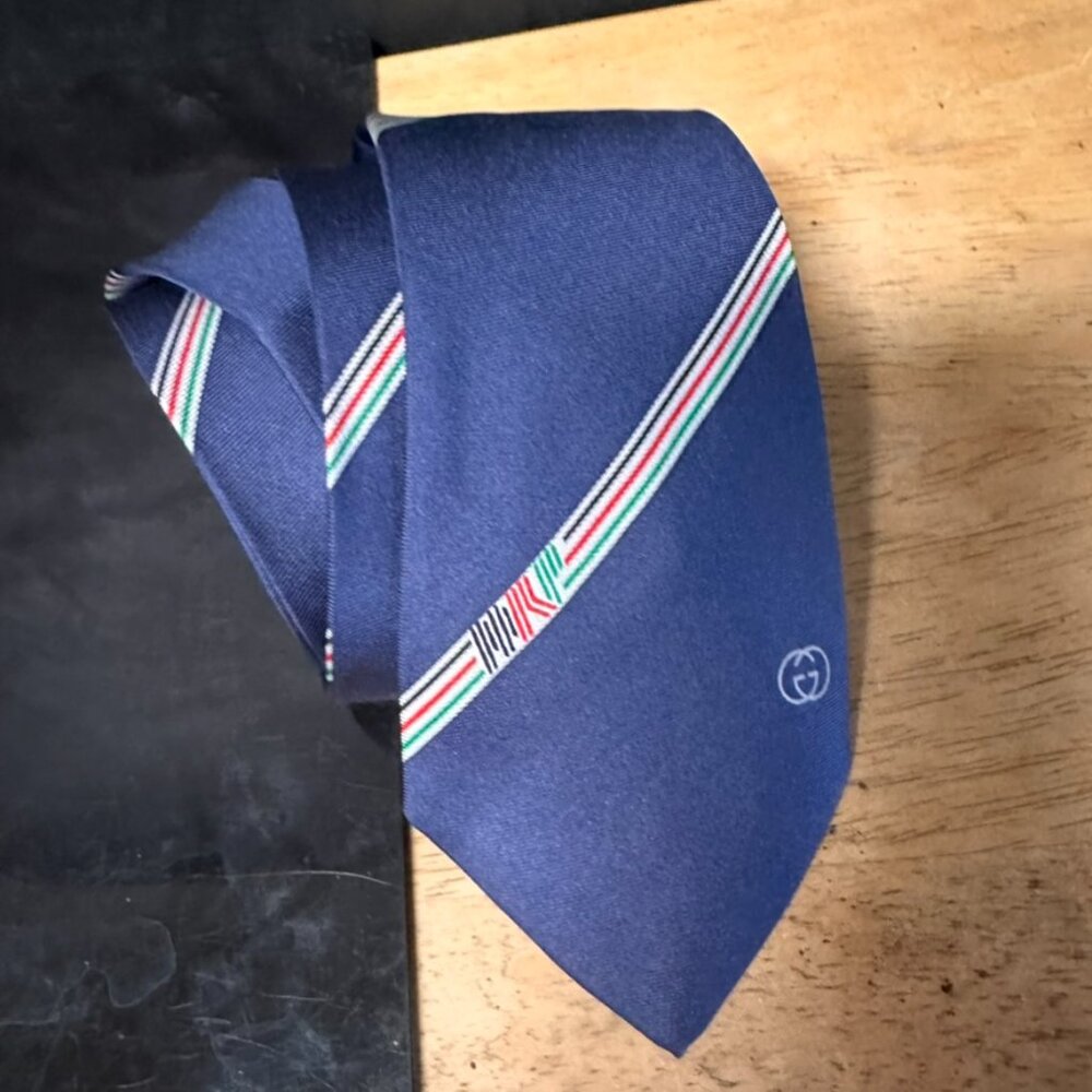 Gucci Silk Tie Logo Mens Gift Art Necktie Luxury Blue Striped Office Formal Vtg - Picture 3 of 4